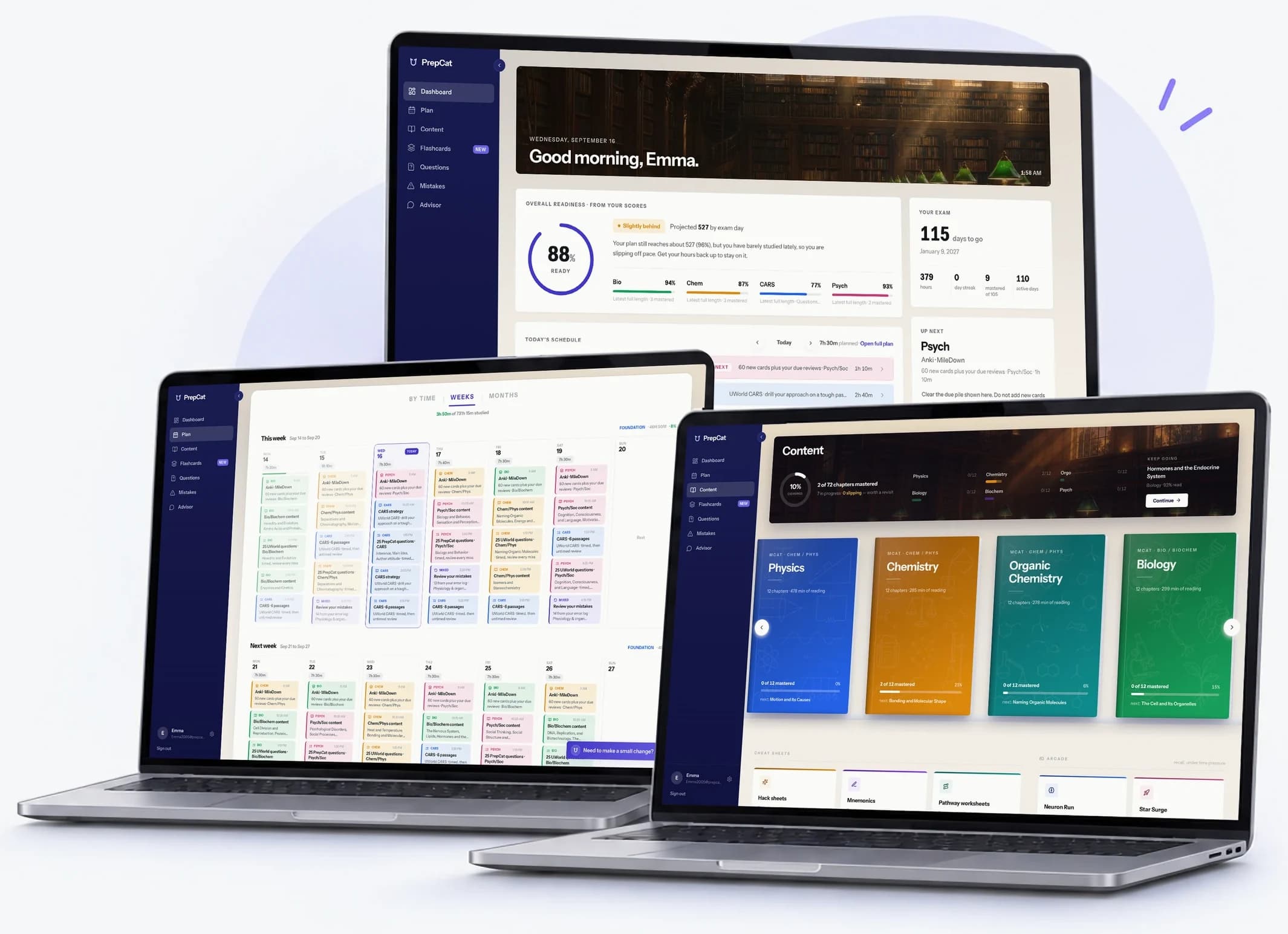PrepCat on three laptops: the dashboard, the study plan, and the content library